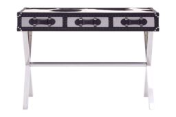 Orsina Black & White Genuine Cowhide Console Table, 3 Drawer Table With Crossed Legs, Table With Leather Handles