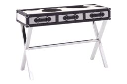 Orsina Black & White Genuine Cowhide Console Table, 3 Drawer Table With Crossed Legs, Table With Leather Handles - thumbnail 2