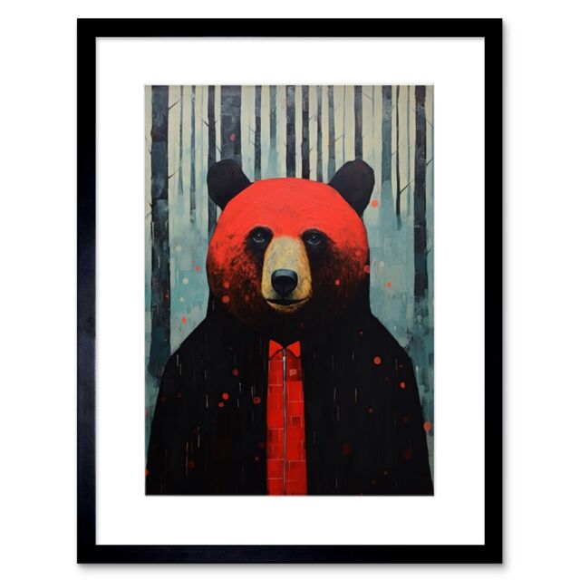 "Artery8 Wall Art Print Hipster Red Bear Artwork Oil Painting Black Blue Artwork Forest Trees Artwork Framed 9X7 Inch - Size: W7"" x H9""" - image 1