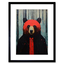 "Artery8 Wall Art Print Hipster Red Bear Artwork Oil Painting Black Blue Artwork Forest Trees Artwork Framed 9X7 Inch - Size: W7"" x H9""" - thumbnail 1