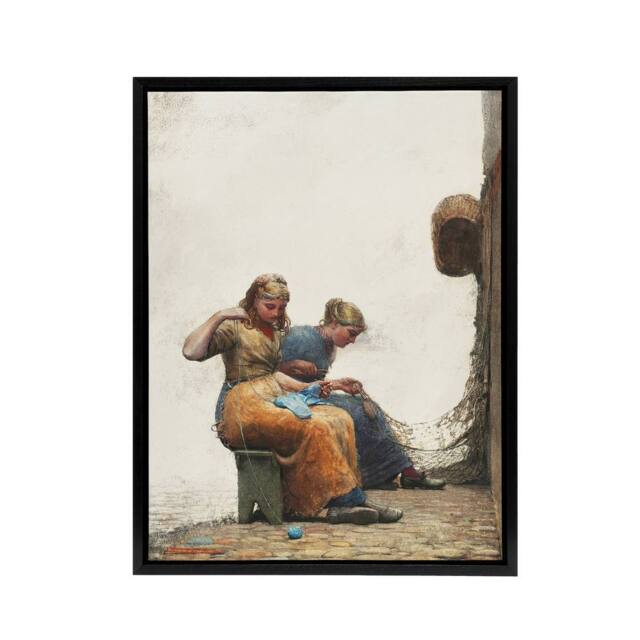 "Artery8 Mending the Fishing Nets Winslow Homer Framed Canvas Wall Art Print in White - Size: W12"" x H16""" - image 1