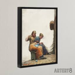 "Artery8 Mending the Fishing Nets Winslow Homer Framed Canvas Wall Art Print in White - Size: W12"" x H16""" - thumbnail 2