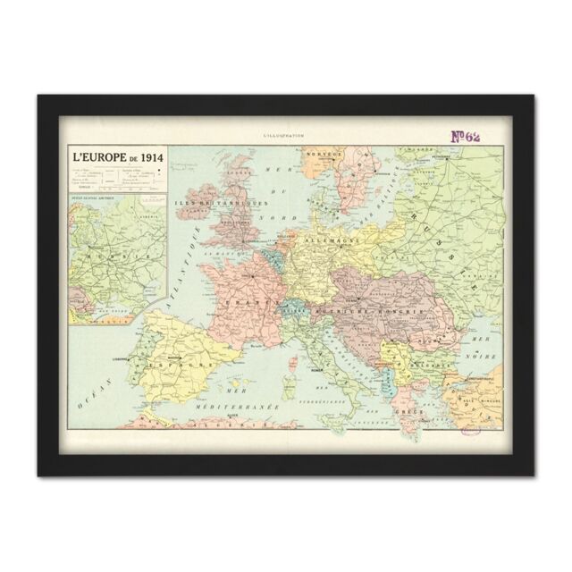 "Artery8 Wall Art Print Peltier 1914 Political Map Europe French Language Large Framed Wall Décor Art in White - Size: W18"" x H24""" - image 1