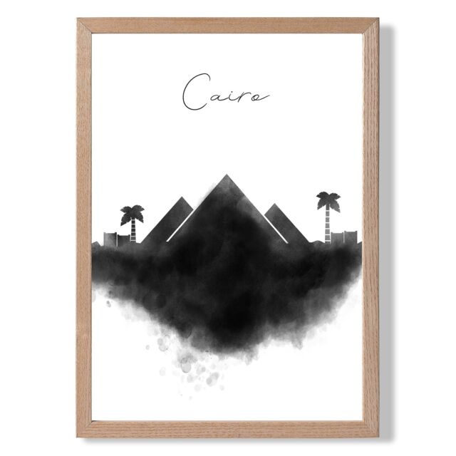 ARTZE Cairo Watercolour Skyline City Framed Print SIZE: A2 with Oak Frame in Black - Size: A4 - image 1