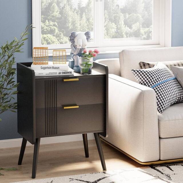 Huhote Wooden Bedside Nightstand End Table With 2 Storage Drawers Bedroom in Black - image 1