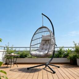 Fimous Indoor Outdoor Patio Rattan Single Egg Hanging Chair Garden in Dark Grey - thumbnail 2