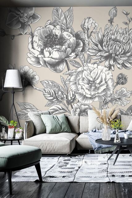 Origin Murals Large Rose Toile Wall Mural in Mid Grey - Size: W300 cm x H240 cm - image 1
