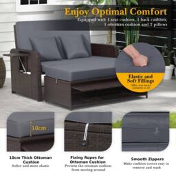 Costway Patio Rattan Daybed Set Wicker Loveseat Sofa w/Ottoman & Side Tray in Grey - thumbnail 8