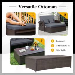 Costway Patio Rattan Daybed Set Wicker Loveseat Sofa w/Ottoman & Side Tray in Grey - thumbnail 6