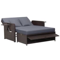 Costway Patio Rattan Daybed Set Wicker Loveseat Sofa w/Ottoman & Side Tray in Grey - thumbnail 1