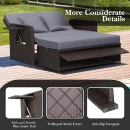 Costway Patio Rattan Daybed Set Wicker Loveseat Sofa w/Ottoman & Side Tray in Grey - thumbnail 5