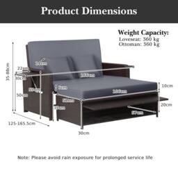 Costway Patio Rattan Daybed Set Wicker Loveseat Sofa w/Ottoman & Side Tray in Grey - thumbnail 2