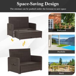 Costway Patio Rattan Daybed Set Wicker Loveseat Sofa w/Ottoman & Side Tray in Grey - thumbnail 7