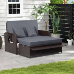 Costway Patio Rattan Daybed Set Wicker Loveseat Sofa w/Ottoman & Side Tray in Grey - thumbnail 4