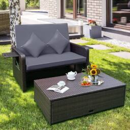 Costway Patio Rattan Daybed Set Wicker Loveseat Sofa w/Ottoman & Side Tray in Grey - thumbnail 3