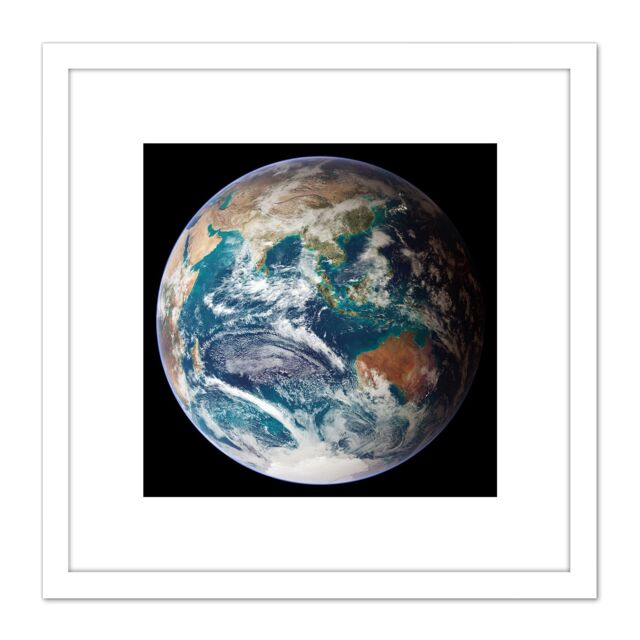 Artery8 Blue Marble Earth Eastern Hemisphere Photograph 8X8 Inch Square Wooden Framed Wall Art Print Picture with Mount in White - image 1