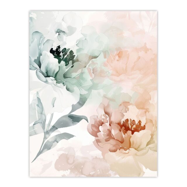"Artery8 Peony Flowers Teal Blue Pink Light Watercolour Wall Art Print - Size: W24"" x H32""" - image 1