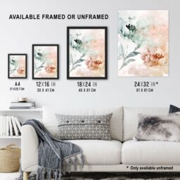 "Artery8 Peony Flowers Teal Blue Pink Light Watercolour Wall Art Print - Size: W24"" x H32""" - thumbnail 3