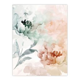 "Artery8 Peony Flowers Teal Blue Pink Light Watercolour Wall Art Print - Size: W24"" x H32""" - thumbnail 1