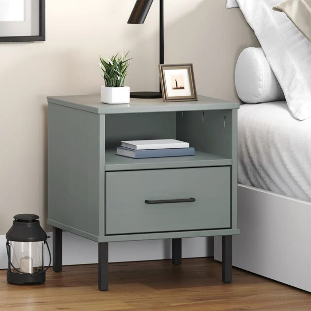 Berkfield Home Bedside Cabinet with Metal Legs Grey Solid Wood Pine OSLO - image 1