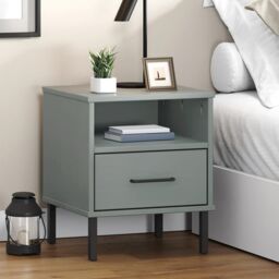 Berkfield Home Bedside Cabinet with Metal Legs Grey Solid Wood Pine OSLO - thumbnail 1