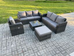 Fimous Outdoor Rattan Garden Furniture Set Conservatory Patio Sofa Coffee Table With Reclining Chair Big Footstool in Dark Grey - thumbnail 1