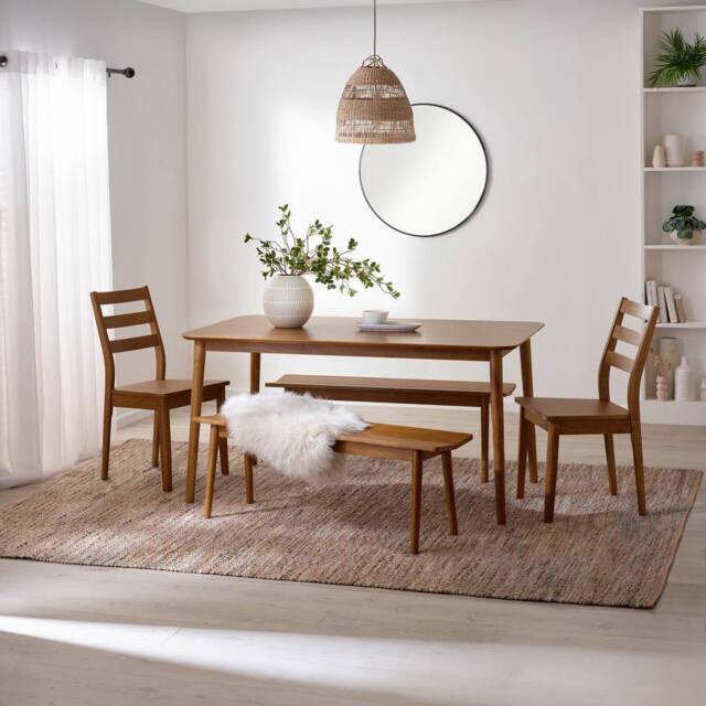 FurnitureboxUK Lynton Large Walnut Effect Wooden Dining Table with 2 Benches & 2 Chairs - image 1