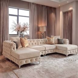 Sofaya Monaco 4 Seater Chesterfield Chaise Sofa Velvet U Shaped Longue in Cream - Size: 4 Person