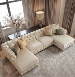 Sofaya Monaco 4 Seater Chesterfield Chaise Sofa Velvet U Shaped Longue in Cream - Size: 4 Person - thumbnail 3
