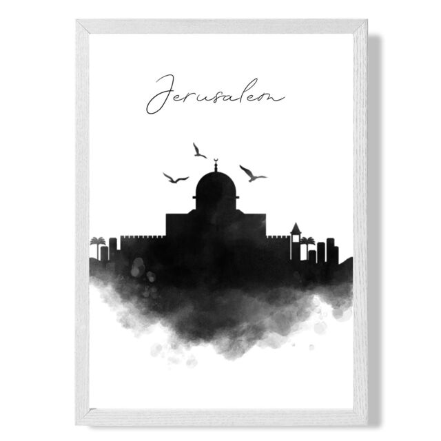 ARTZE Jerusalem Watercolour Skyline City Framed Print SIZE: A3 with White Frame in Black - Size: A4 - image 1