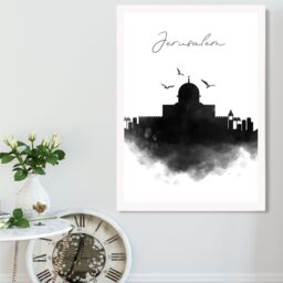 ARTZE Jerusalem Watercolour Skyline City Framed Print SIZE: A3 with White Frame in Black - Size: A4 - thumbnail 2