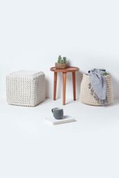Homescapes Cube Cotton Knitted Pouffe Footstool in Natural - thumbnail 6