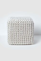 Homescapes Cube Cotton Knitted Pouffe Footstool in Natural - thumbnail 1