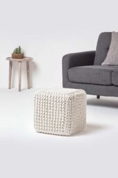 Homescapes Cube Cotton Knitted Pouffe Footstool in Natural - thumbnail 2