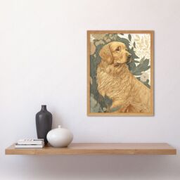 "Artery8 Wall Art Print Golden Retriever Dog in Nature Soft Pastel Colour Art Framed in Light Oak - Size: W12"" x H16""" - thumbnail 2