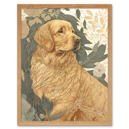 "Artery8 Wall Art Print Golden Retriever Dog in Nature Soft Pastel Colour Art Framed in Light Oak - Size: W12"" x H16""" - thumbnail 1