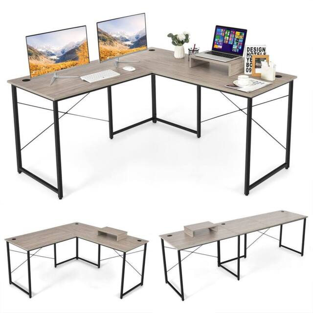 Costway L-Shaped Corner Computer Desk Reversible Study Writing Desk Workstation Home Office Laptop Table Grey - image 1