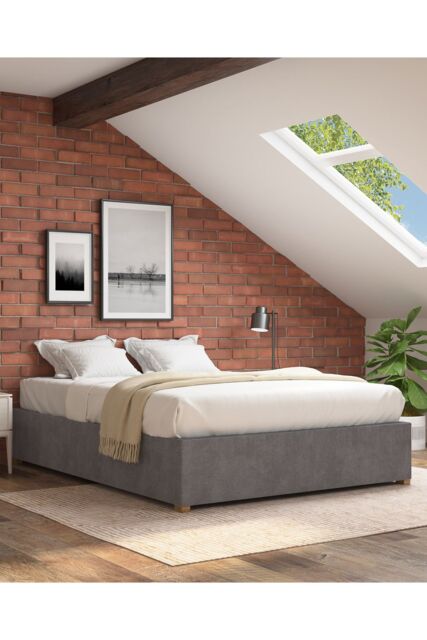 Aspire Upholstered Platform Ottoman Bed Frame in Plush Velvet Fabric in Grey - Size: Small Double - image 1