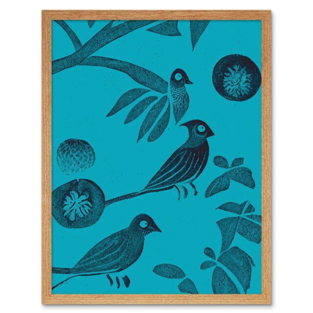 "Artery8 Wall Art Print Linocut Vintage Blue Birds Jungle Pattern Teal Art Framed in Light Oak - Size: W12"" x H16""" - image 1