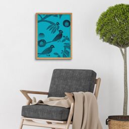 "Artery8 Wall Art Print Linocut Vintage Blue Birds Jungle Pattern Teal Art Framed in Light Oak - Size: W12"" x H16""" - thumbnail 2