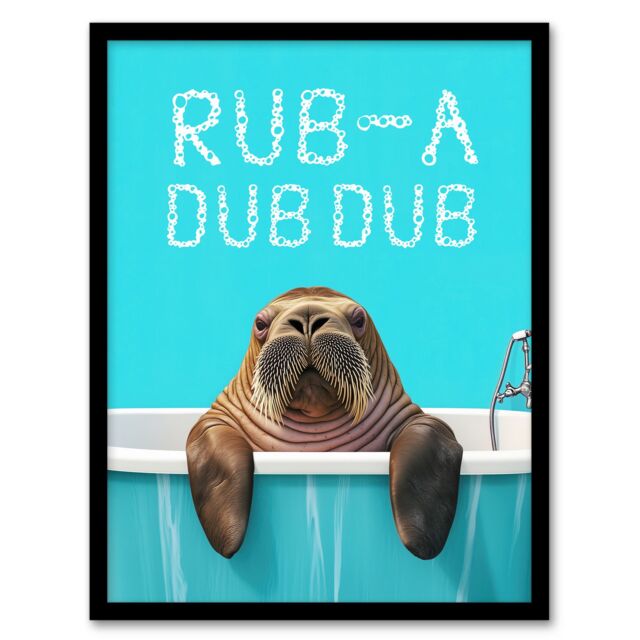 Artery8 Walrus in Bathtub Bath Time Rub A Dub Funny Framed Art Print in Blue - Size: A4 - image 1