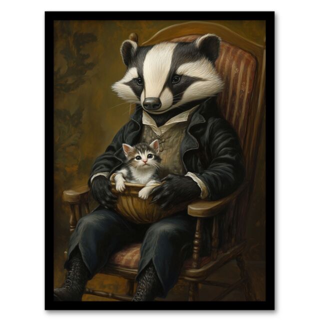 Artery8 Victorian Animals Fantasy Badger with a Kitten Framed Art Print in Brown - Size: A4 - image 1