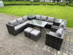 Fimous Wicker Rattan Outdoor Furniture Lounge Sofa Garden Dining Set with Dining Table 2 Side Tables 2 Armchairs in Dark Grey - thumbnail 2