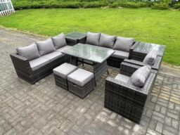 Fimous Wicker Rattan Outdoor Furniture Lounge Sofa Garden Dining Set with Dining Table 2 Side Tables 2 Armchairs in Dark Grey - thumbnail 1