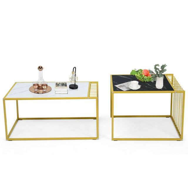 Gymax Nesting Table Set of 2 Stackable Side Coffee Table Faux Marble Tabletop in Gold - image 1