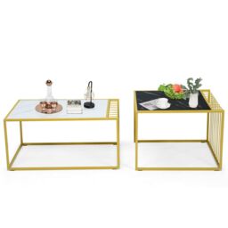 Gymax Nesting Table Set of 2 Stackable Side Coffee Table Faux Marble Tabletop in Gold