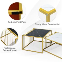 Gymax Nesting Table Set of 2 Stackable Side Coffee Table Faux Marble Tabletop in Gold - thumbnail 6
