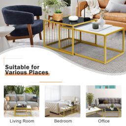 Gymax Nesting Table Set of 2 Stackable Side Coffee Table Faux Marble Tabletop in Gold - thumbnail 5