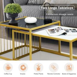Gymax Nesting Table Set of 2 Stackable Side Coffee Table Faux Marble Tabletop in Gold - thumbnail 3