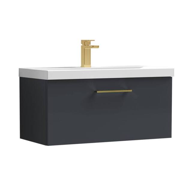 Balterley 800mm Wall Hung 1 Drawer Vanity Basin Unit, Dark Grey, Brass Handle in Grey - image 1